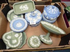 A quantity of Wedgwood Jasperware in pale blue and green to include; trinket dishes, comport,