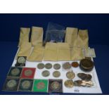 A box of foreign and British coins including Queen Victoria pennies, sixpences, half pennies,