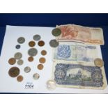 Two Greek bank notes, Yugoslavia bank note and a small quantity of foreign coins.