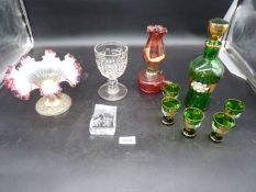A small quantity of glass including green glass decanter with five glasses,
