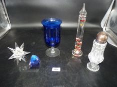 A small quantity of glass including night light holder, paperweight, hydrometer, sugar sifter etc.