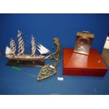 A quantity of miscellanea to include; a wooden model of Cutty Sark, brass trivet,