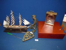 A quantity of miscellanea to include; a wooden model of Cutty Sark, brass trivet,