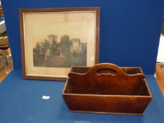 A Mahogany cutlery tray and a framed photograph of Raglan Castle, 19 3/4" wide x 18" high.