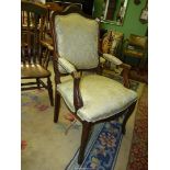 An Oak framed open armed Armchair standing on cabriole front legs and having elegant splayed arm