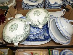 A Davenport dish and lid and two tureens, one without ladle, some crazing,