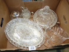 A quantity of glass to include; cut glass conserve pot with EPNS lid, large platter,
