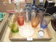 A quantity of glass to include; coloured Venice water glasses, coral effect paperweight, etc.