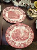 Two Woods ware 'English Scenery' graduated meat plates in pink and white.