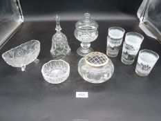 A quantity of glass including a rose bowl, bon bon dish, flower bowl, cut glass trinket bowl, bell,