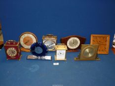 A quantity of clocks to include; Seth Thomas carriage clock, Bentima carriage clock,
