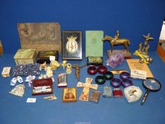 A quantity of miscellanea including lighters, brass horse and jockey, napkin rings,
