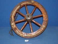 A Victorian wheel converted to a three lamp chandelier, 18" diameter,