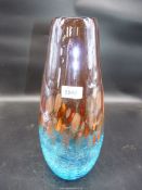 A modern mottled and crackle glass vase with copper inclusions, 14 5/8" tall x 5 1/2" wide.