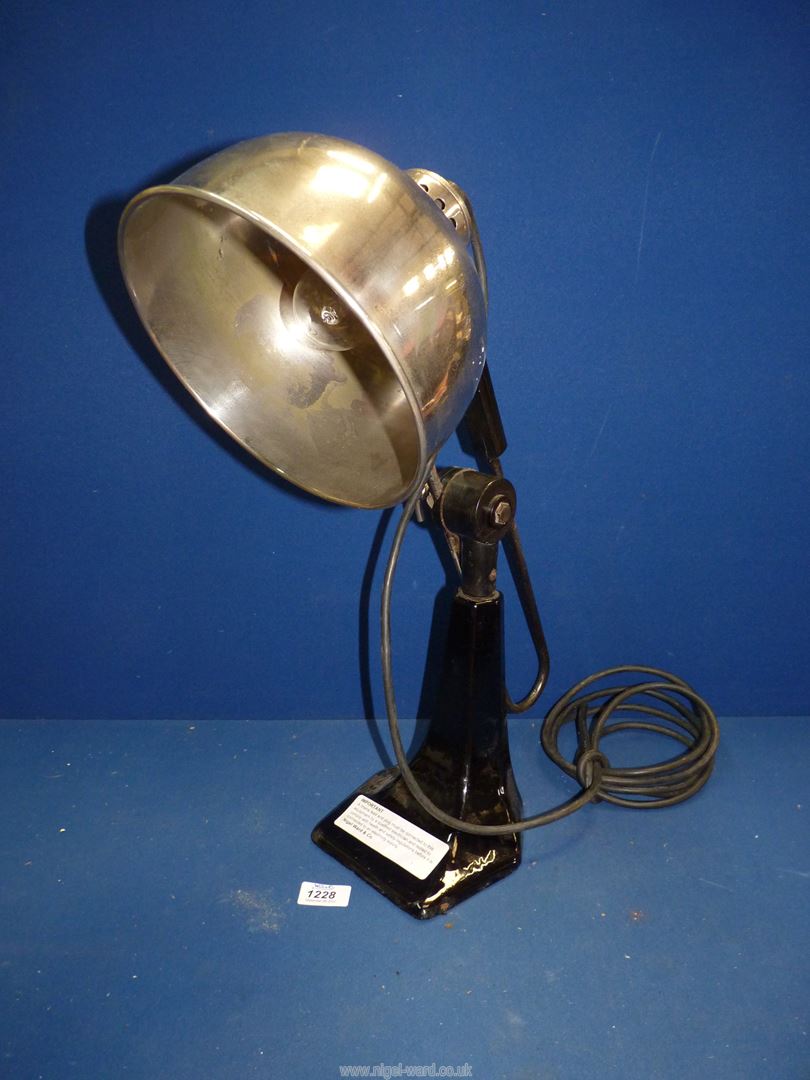 An Industrial table work lamp on heavy black painted metal base, new flex needed, 22'' tall.