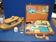 A Briefcase and contents including stationery, fountain pens, rulers, ink bottles etc.