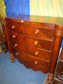 A circa 1900 Mahogany bow fronted Chest of three long and two short Drawers having turned knobs and