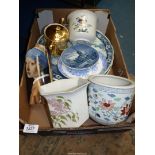 A quantity of china including; two Delft chargers, Spode jardiniere,