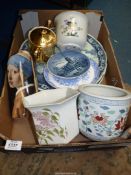 A quantity of china including; two Delft chargers, Spode jardiniere,