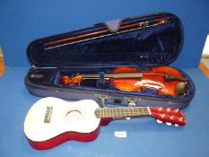 A red Ukelele by Bontkempi plus an Intermusic violin bow and case, needs re-stringing.