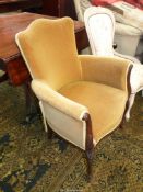 A Mahogany framed Elbow Chair of elegant shape upholstered in beige/gold Dralon type fabric and