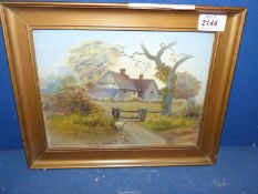 A framed Oil painting depicting a farmstead with sheep and lamb, signed lower right J.