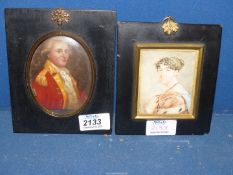 A small framed Oil on thin brass portrait of a gentleman, along with a framed miniature portrait,