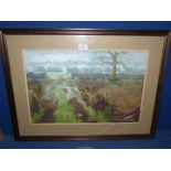 An Oil painting of a countryside track leading from a walled enclosure, initialled BH.