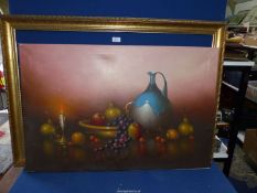 A large framed Oil on canvas depicting a Still Life with a bowl of fruit, a candle and a jug,