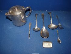 An one pint epns Teapot, sugar sifter, shovel and coffee spoon,