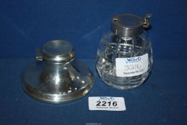 A condiment slice cut jar, silver top and lid, Birmingham 1936 and a silver capstan inkwell,