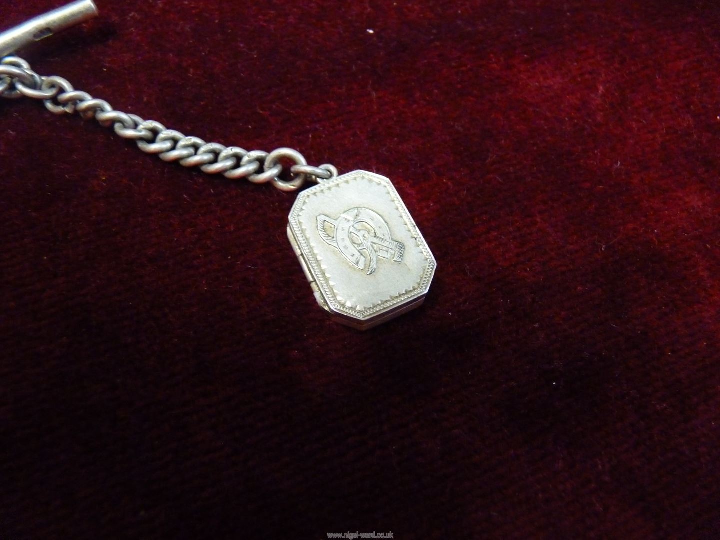 A Silver 'T' bar pocket watch Chain with a silver double locket, - Image 5 of 5