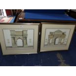 A pair of impressive detailed architectural multi-coloured drawings of Roman triumphal arches of