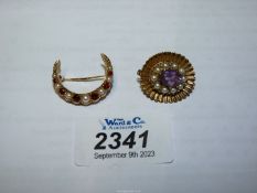 Two 9ct gold brooches; one in crescent shape set with garnets and seed pearls,