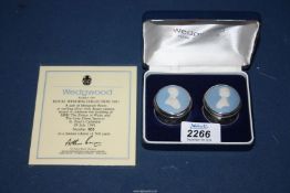 A cased pair of Wedgwood pill boxes in Birmingham Silver having pale blue cameos to celebrate