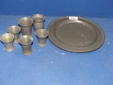 Two 19th century pewter 1/2 Gill spirit measures and four 1/4 gill measures, one Belfast,