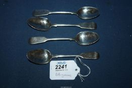 Four Georgian silver fiddle back Teaspoons, London 1835, makers William Johnson, weight 68g.
