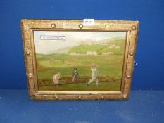 A thick gold coloured framed Oil on wood depicting a game of golf at Royal St.
