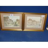 A pair of Watercolours of village scenes, D.E. Rose ('85), both 12" x 13".