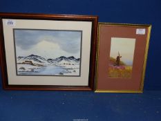 A Watercolour of a Welsh snowy mountain scene and river, signed D.H.