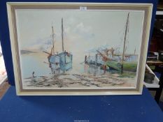 A large framed Oil on canvas depicting ships in harbour, signed lower right L. George, 33" x 23".