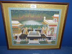 A framed Oriental painting, procession of figures either side of a fountain, 18 1/2" x 15 1/2".