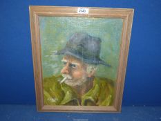 A wooden framed Oil on board depicting a Gentleman smoking a cigarette, signed lower left H.W.