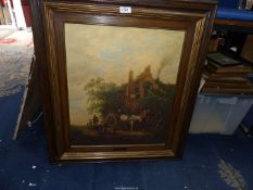 A large wooden framed Ivan Ostade Print on canvas of a country Inn with a horse and wagon.