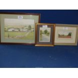 Three small framed Watercolours "Poppies" by Lin Collier, A View of Liddington Hill by S.