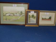 Three small framed Watercolours "Poppies" by Lin Collier, A View of Liddington Hill by S.