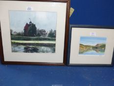 A framed and mounted Watercolour of a house and building with a weather vane and a river running by,