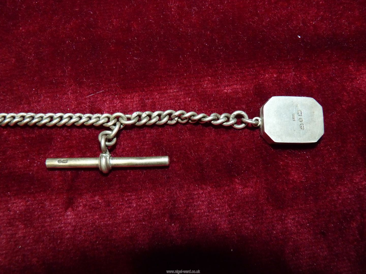 A Silver 'T' bar pocket watch Chain with a silver double locket, - Image 2 of 5