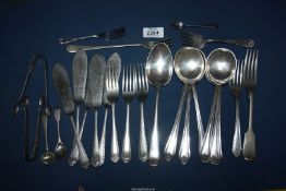A quantity of silver to include six plated soup spoons, five EPNS fish knives,