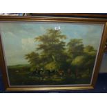 A large framed Print depicting a Hunting scene, 34 1/4" x 26 3/4".